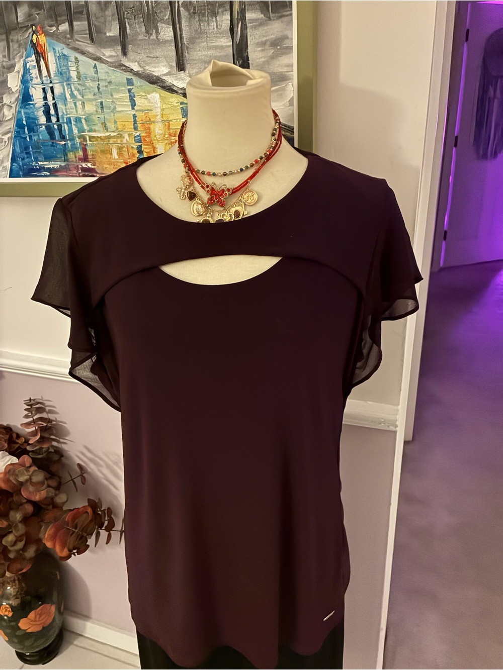 Calvin Klein Plum Keyhole Flutter Sleeve Blouse